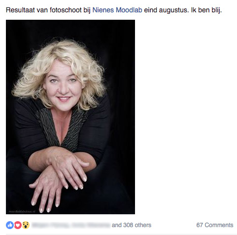 Screenshot van Neeltje's tijdlijn op Facebook waarop je kunt zien hoeveel likes haar portretten van haar Moodlab Fabulous fotosessie in Groningen hebben gekregen